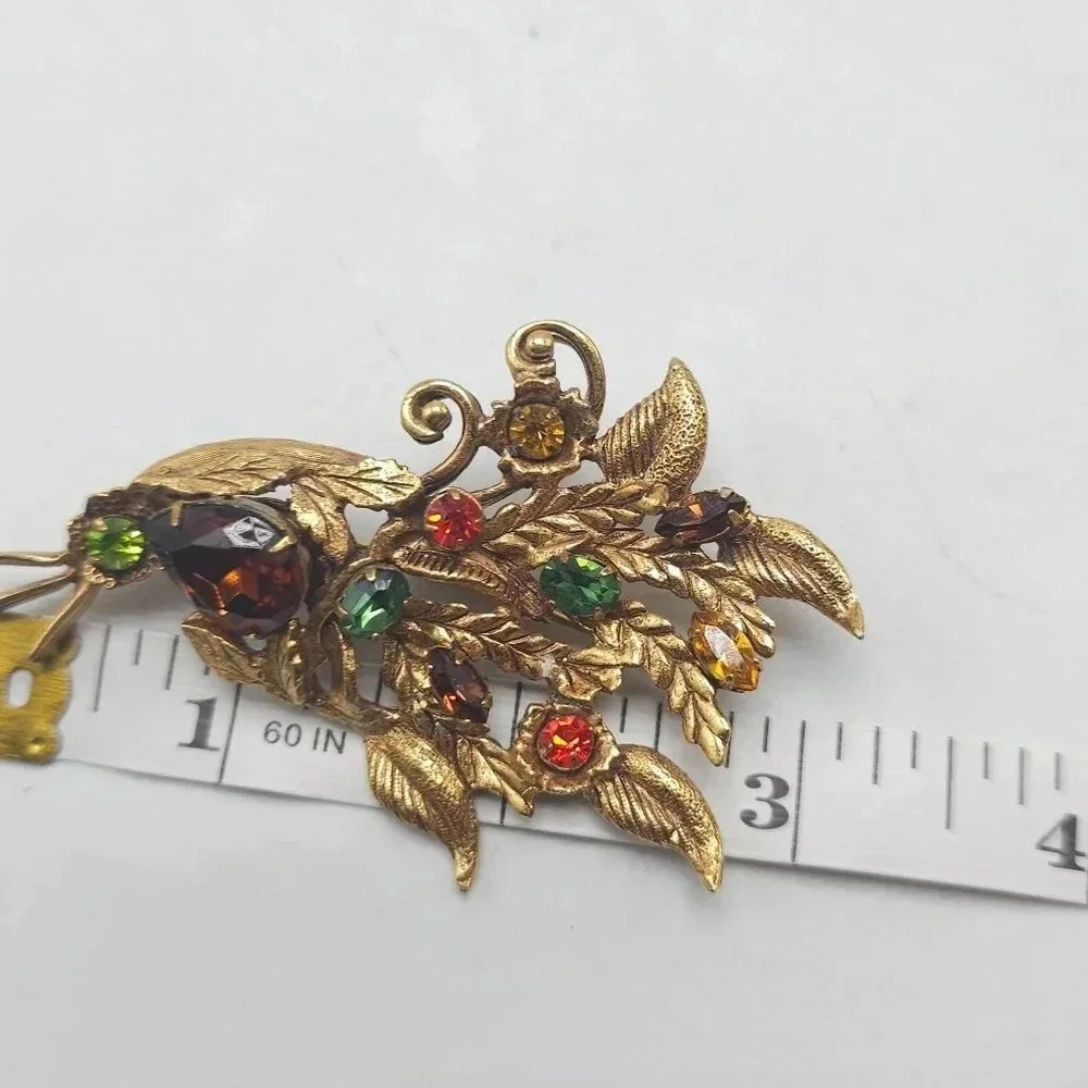 Vintage Gold Tone Floral Brooch With Multicolor Rhinestones Heavy 1960s